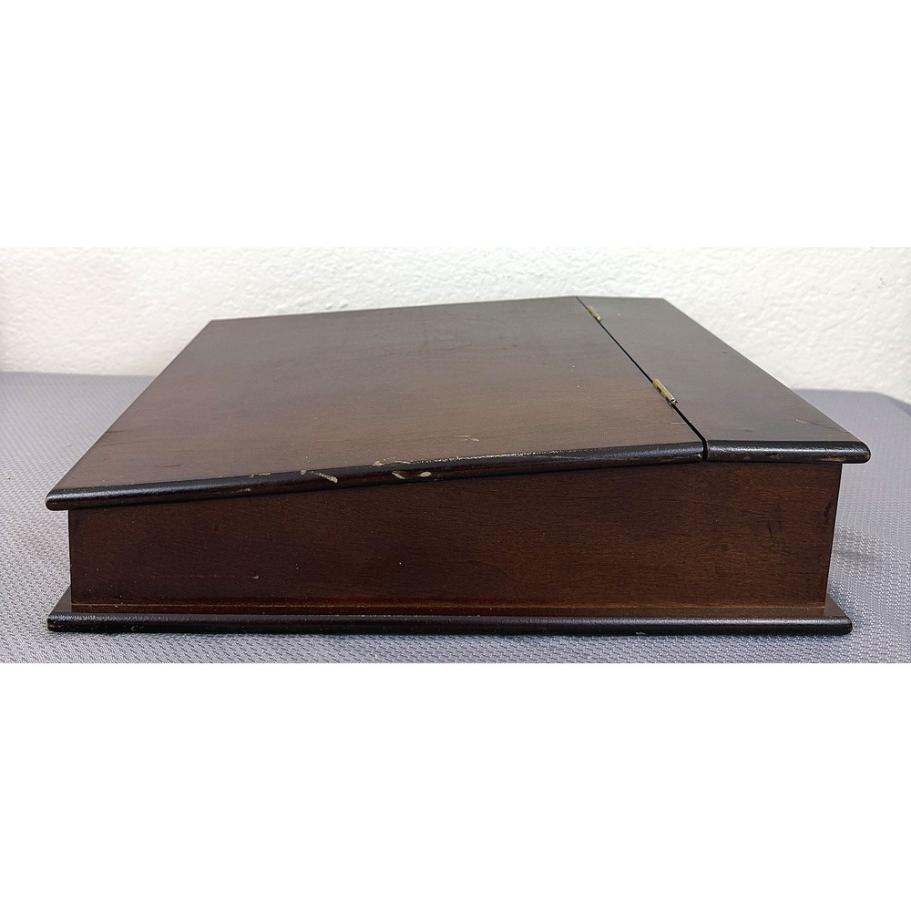 Vintage Wood Lap Desk Hinged Slant-Top Writing Box Mahogany Brown Good 13.5x11.5 - Picture 5 of 8